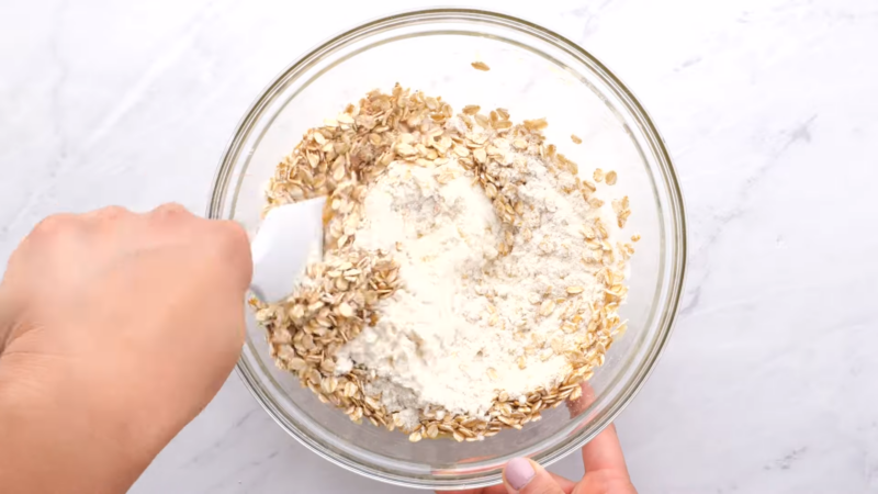 Mixing Bowl with Various Dry Ingredients for Protein Oatmeal Cookies