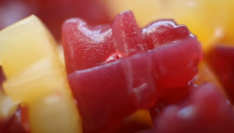 Close up view of red and yellow gummy bears made of agar agar