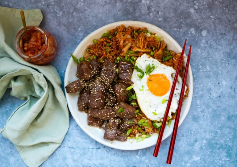 Steak, kimchi-fried rice, and a fried egg