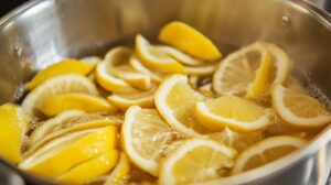 Citron slices boiling in water inside a pot, releasing steam