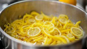 Close-up of citron slices simmering in a pot of sugar syrup, glistening under the light