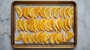 Rows of candied citron slices placed on a drying rack over a parchment-lined baking tray