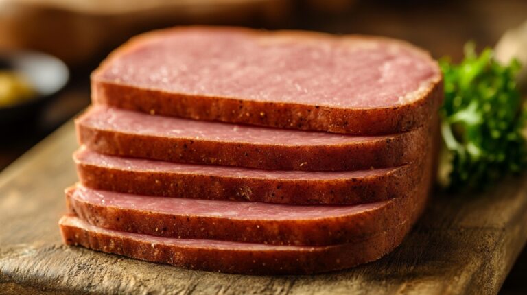 A stack of neatly sliced Spam with a seasoned outer crust, placed on a rustic wooden cutting board with a garnish of fresh greens