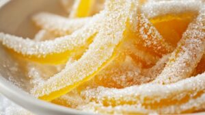 Close-up of candied citron strips coated in a layer of fine sugar crystals