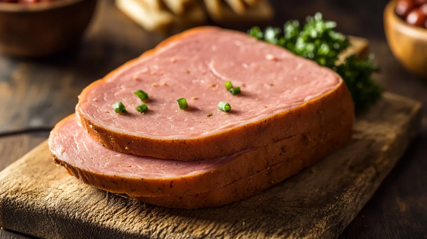 Two thick slices of Spam with a seasoned crust, garnished with chopped green onions, placed on a rustic wooden cutting board