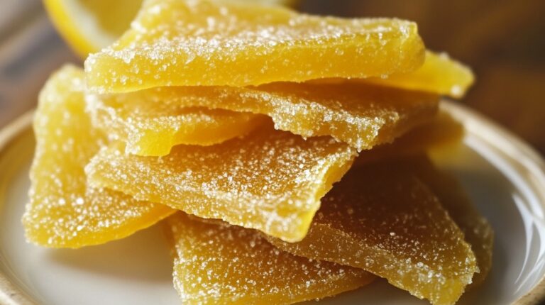 Close-up of sugared candied citron slices stacked on a plate