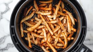 Golden fries in an air fryer basket seasoned with pepper and spices