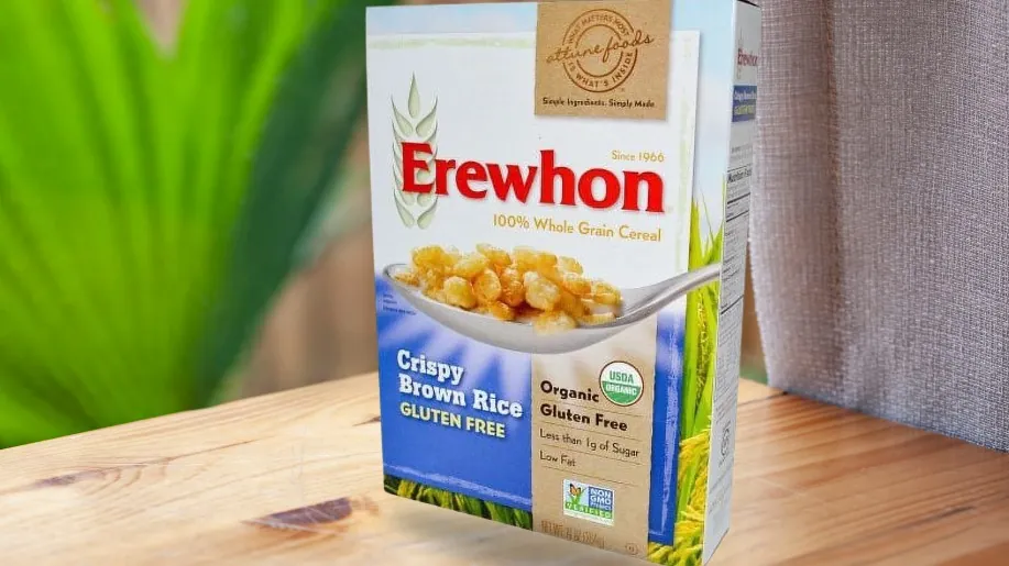 Erewhon cereal box on a kitchen table