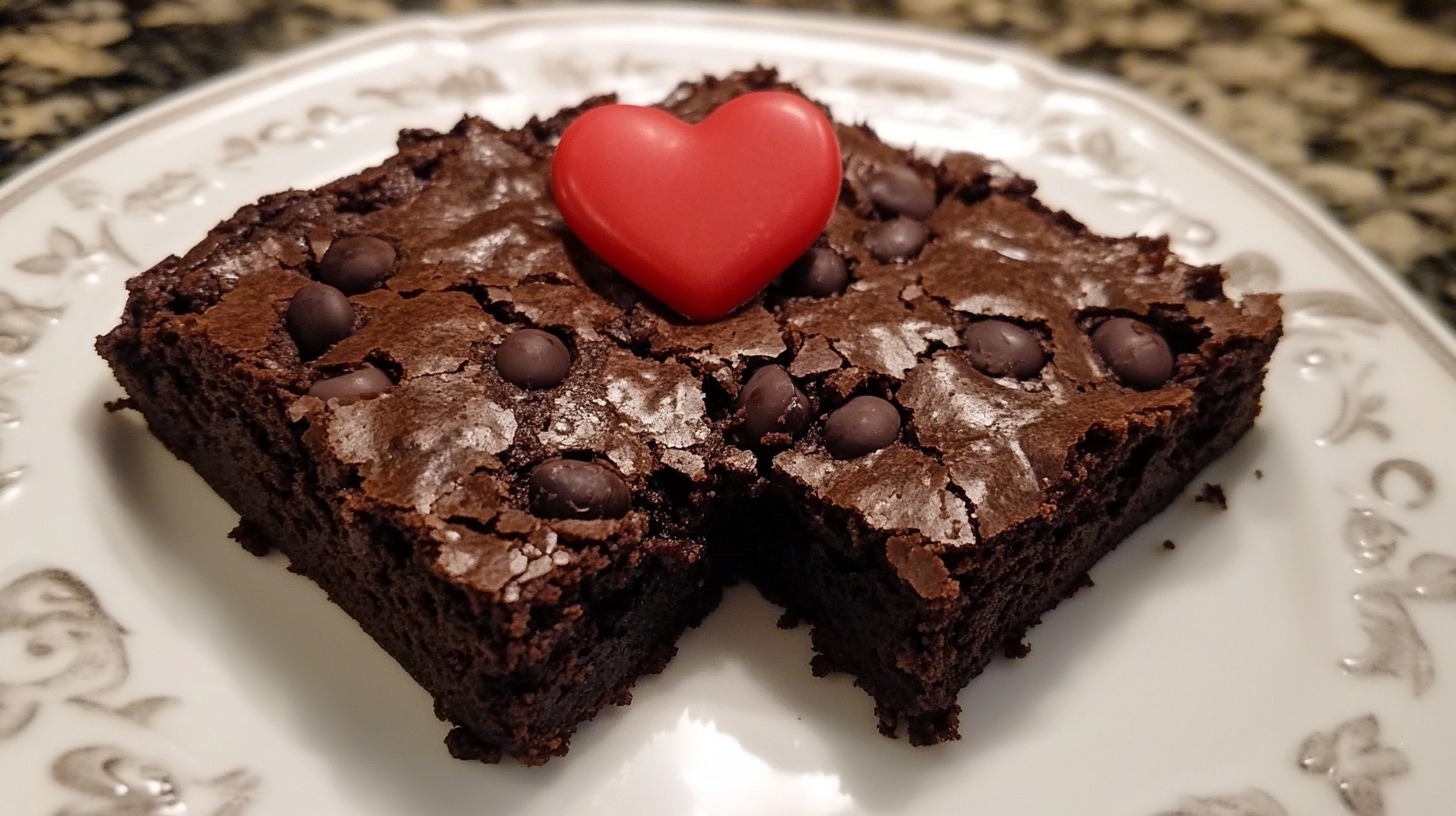 Close-up of black bean brownies topped with chocolate chips and a red heart decoration on a plate