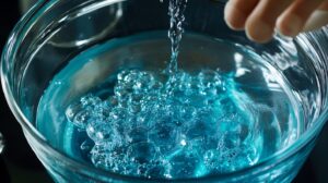 A clear glass bowl with gelatin blooming in water, creating bubbles on the surface as liquid is poured