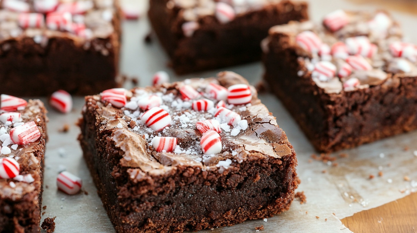 Close-up of rich chocolate brownies topped with crushed candy canes on a parchment paper surface