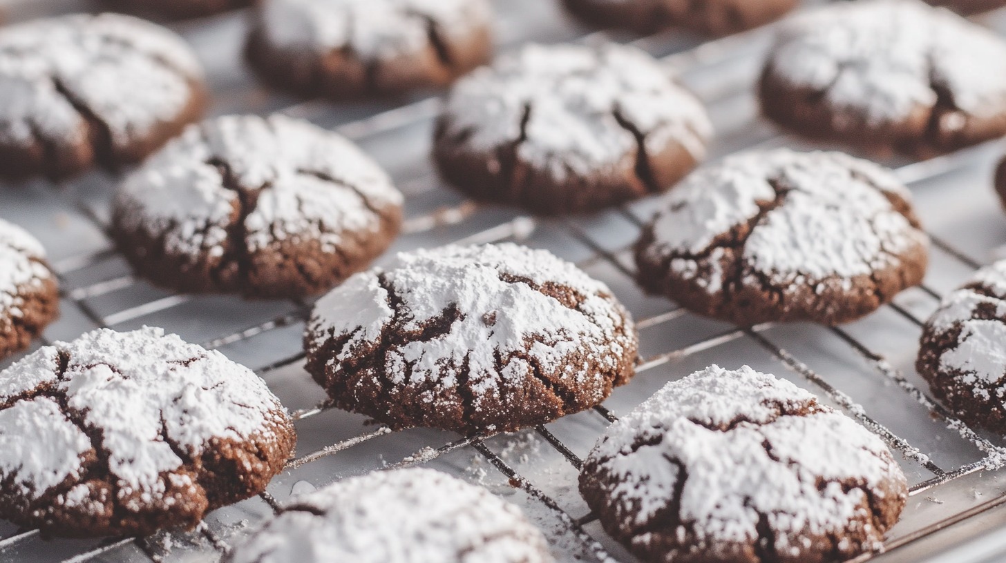 Freshly baked chocolate crinkle cookies dusted with powdered sugar on a cooling rack