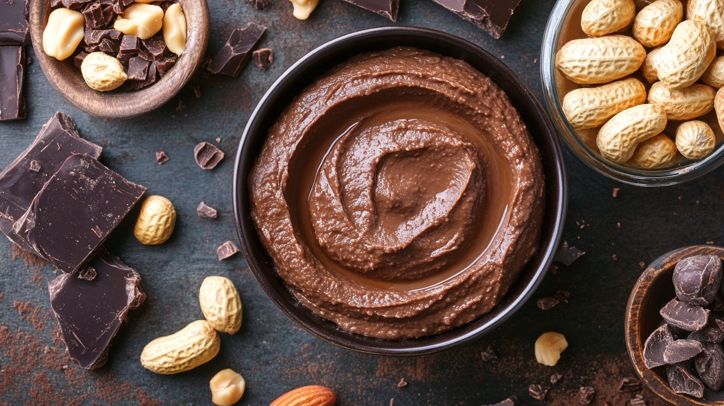 Bowl of chocolate peanut butter hummus surrounded by dark chocolate, peanuts, and almonds