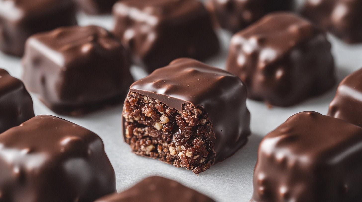 Square-shaped chocolate protein treats with a glossy chocolate coating, one revealing a crunchy interior