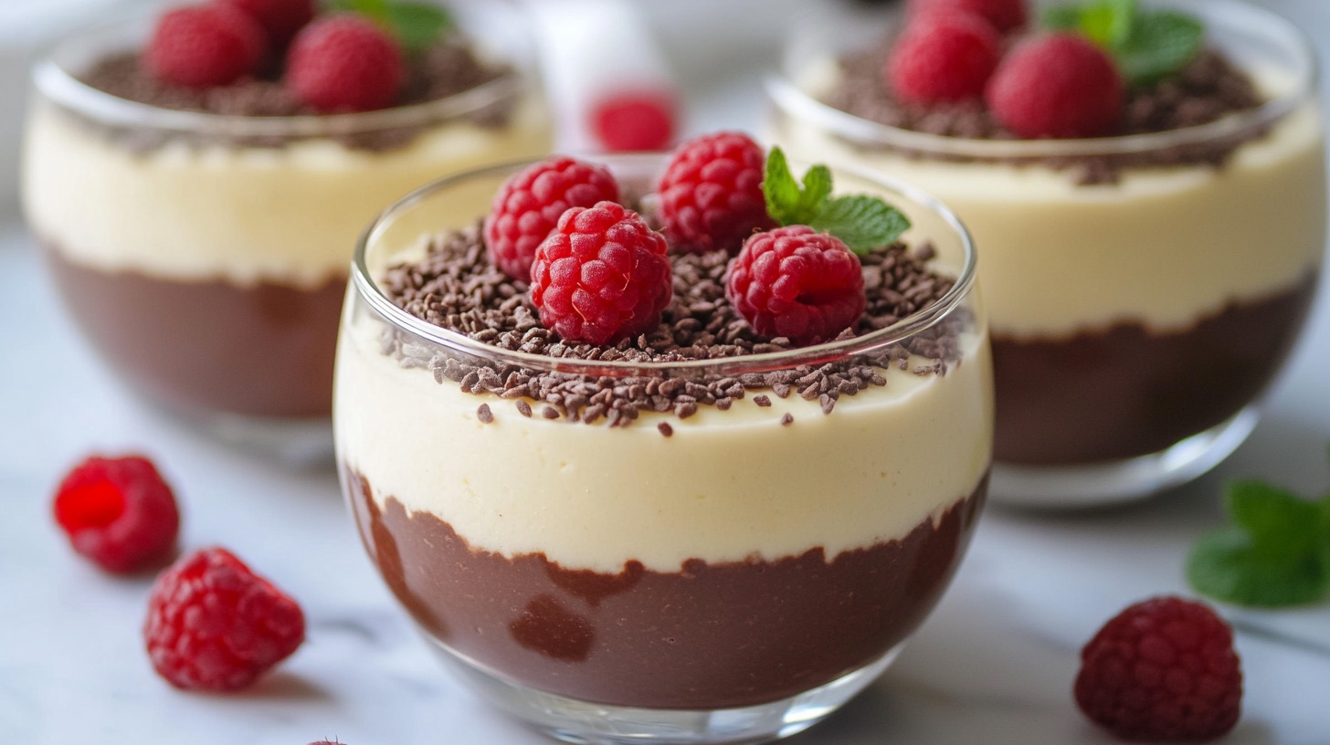 Glass cups of layered chocolate-sesame pudding and cream, garnished with fresh raspberries and chocolate sprinkles