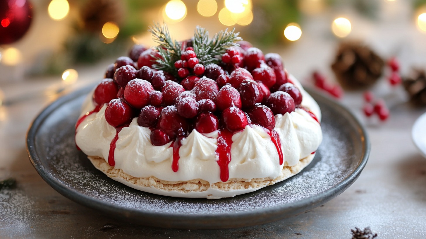 A Christmas pavlova topped with whipped cream, cranberries, and red syrup, garnished with a small pine sprig on a decorative plate