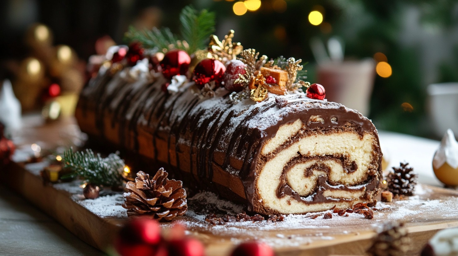 Christmas chocolate roll with decorations like pine branches, red baubles and dusted with powdered sugar