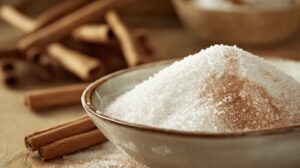 Close-up of a bowl filled with cinnamon sugar, with cinnamon sticks in the background