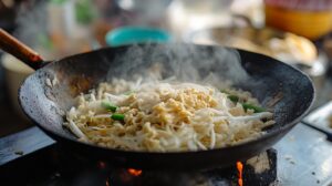 Pad Thai noodles being cooked in a steaming wok with vegetables and scrambled eggs