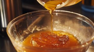 Close-up of golden syrup being poured into a glass bowl with a glossy surface