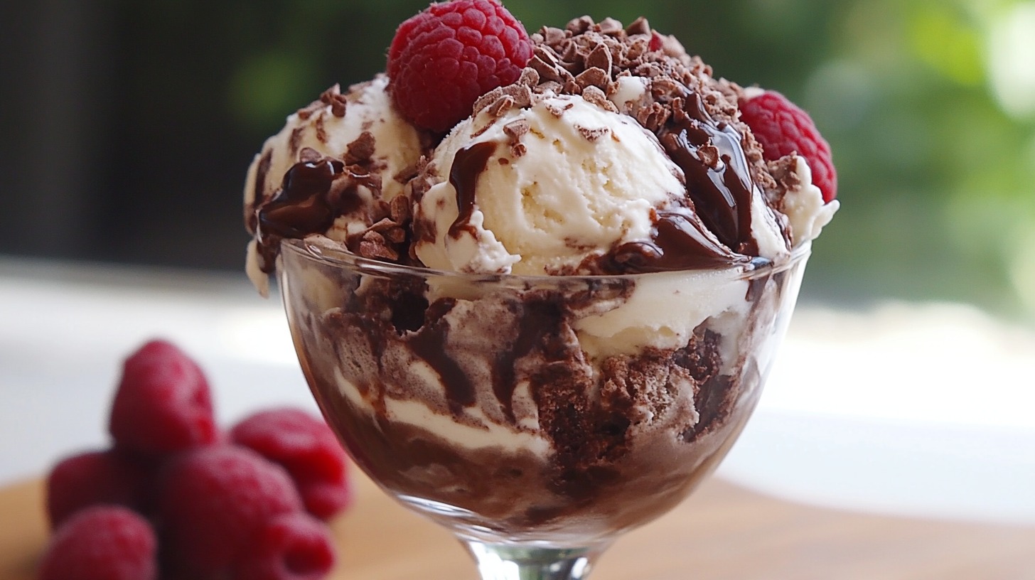 A glass bowl of cottage cheese ice cream topped with chocolate sauce, grated chocolate, and fresh raspberries, placed on a wooden surface