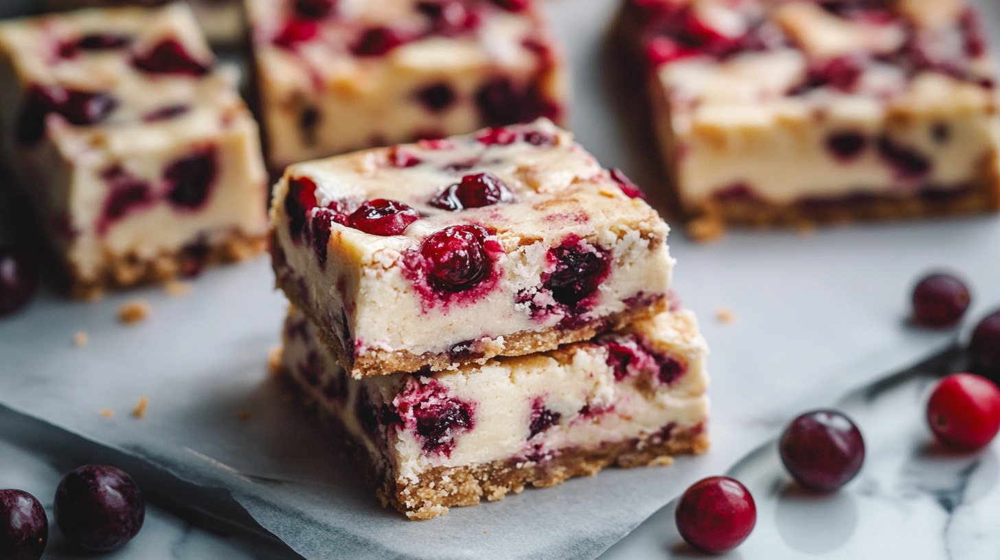 Close-up of cranberry bliss bars stacked with creamy cheesecake filling and vibrant red cranberries