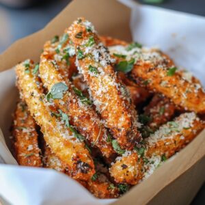 Golden crispy fries topped with grated Parmesan, herbs, and seasoning in a paper-lined container