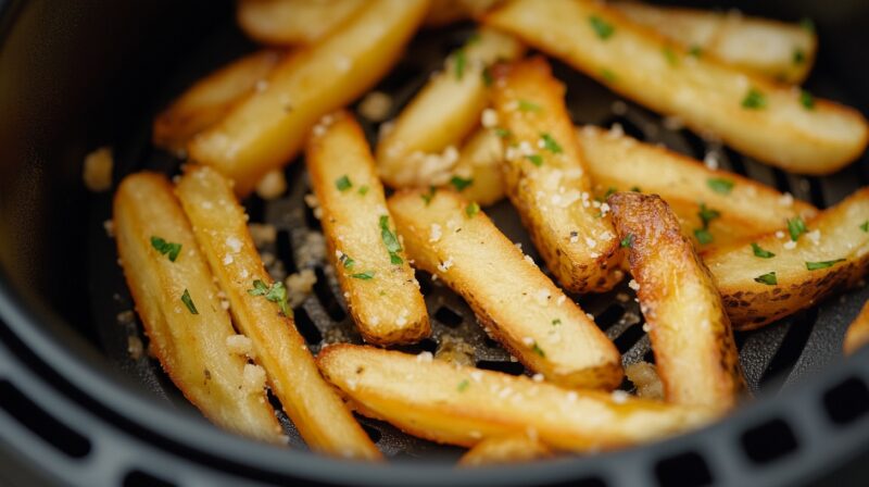 Close-up of crispy golden fries with melted Parmesan and chopped herbs in an air fryer