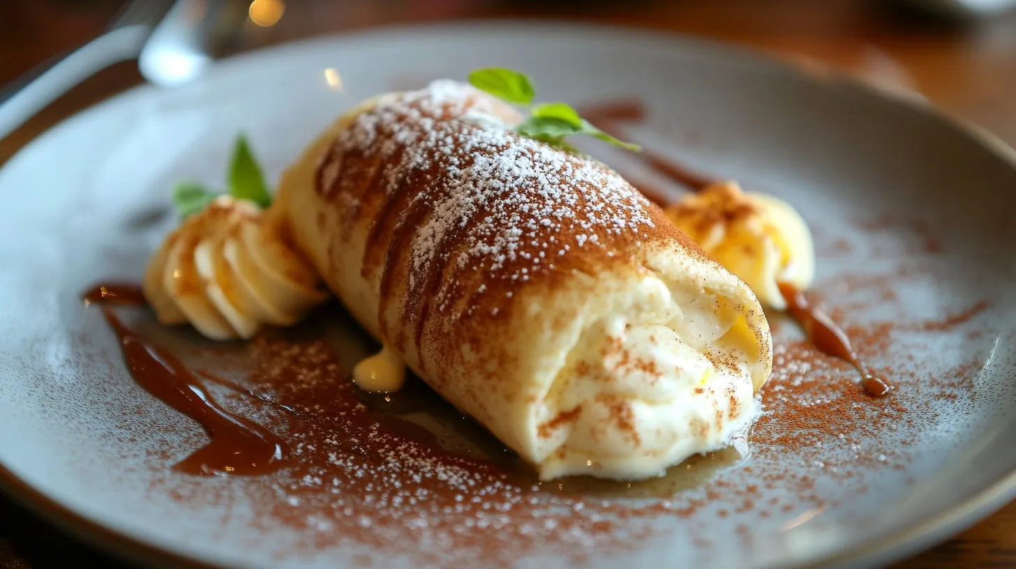 A creamy Xango dessert roll garnished with powdered sugar, caramel drizzle, and mint leaves on a gray plate