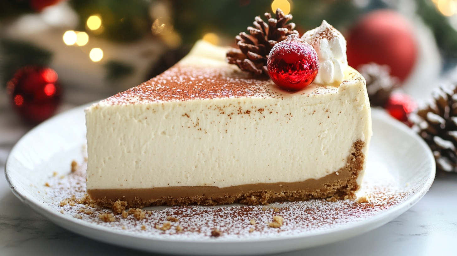 A slice of eggnog cheesecake topped with a pinecone, red ornament, and whipped cream on a white plate