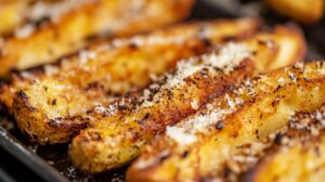 Close-up of crispy fries topped with parmesan cheese and seasoning