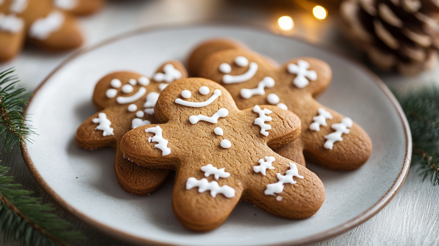 A plate of gingerbread cookies decorated with white icing in the shape of happy gingerbread people