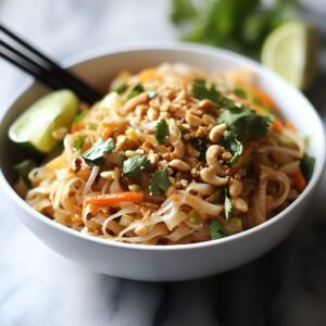 A close-up of a bowl of Pad Thai noodles garnished with crushed peanuts, cilantro, and lime wedges