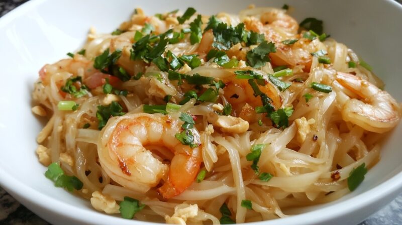 A bowl of gluten-free Pad Thai topped with shrimp, fresh cilantro, and chopped peanuts