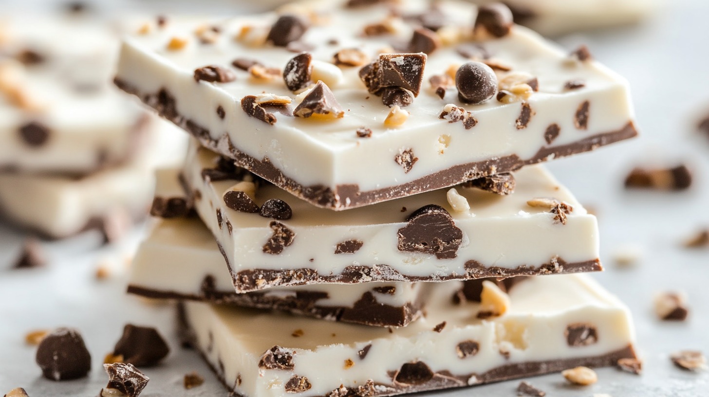 Stacked squares of Greek yogurt bark with chocolate chips and nuts on a white background