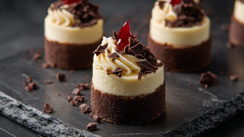 A close-up of a mini high-protein dessert featuring layers of chocolate and cream, topped with whipped cream, chocolate shavings, and a cherry garnish on a black slate