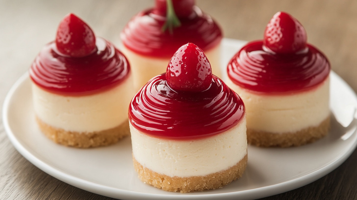 Small, round cheesecakes with a biscuit crust, topped with a shiny red glaze and a fresh strawberry, served on a white plate