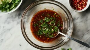 A glass bowl filled with Pad Thai sauce, garnished with fresh cilantro and chili flakes, with a spoon inside