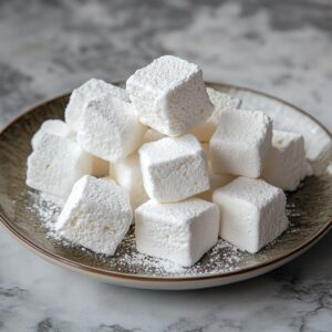 A plate stacked with fluffy, powdered sugar-coated homemade marshmallows on a marble background