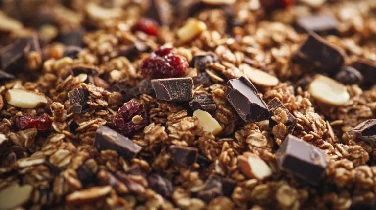 Close-up of chocolate granola with chunks of dark chocolate, dried cranberries, and sliced almonds