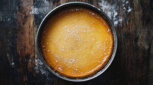 Top view of a golden baked cheesecake in a round baking pan on a rustic wooden surface