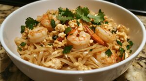 Close-up of a bowl of Pad Thai with shrimp, scrambled eggs, cilantro, and rice noodles