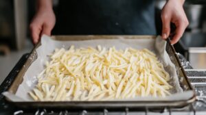 Person placing a baking tray with raw fries on parchment paper into the oven