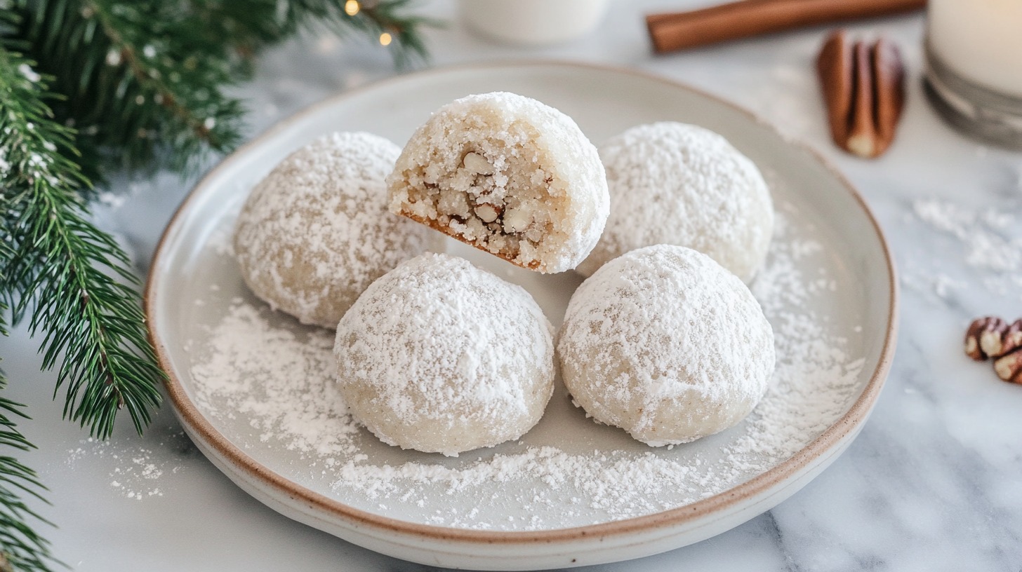 A plate of pecan snowball cookies dusted with powdered sugar, with one cookie showing its nutty filling