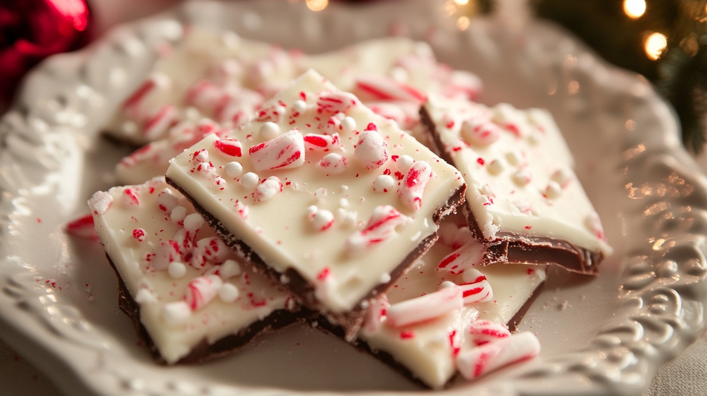 Close-up of peppermint bark on a decorative plate, topped with crushed candy canes and white chocolate