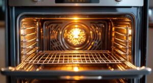 Close-up of a preheated oven with a glowing light and empty rack inside