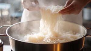 Hands lifting steaming rice noodles from a pot of hot water