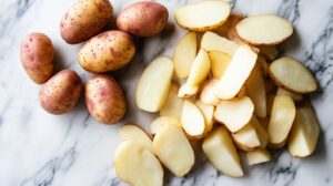 Whole red potatoes and sliced potato wedges on a marble surface.