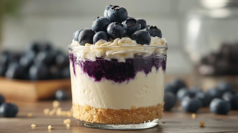 A jar of blueberry cheesecake with creamy layers, blueberry compote, and fresh blueberries on top.