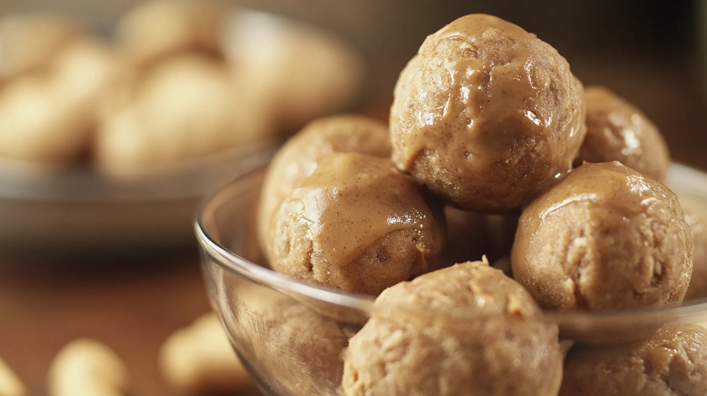 Close-up of peanut butter energy bites stacked in a glass bowl, coated with a smooth peanut butter glaze